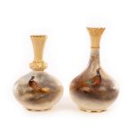 Two Royal Worcester vases, each with narrow blush ivory neck highlighted with gilt,