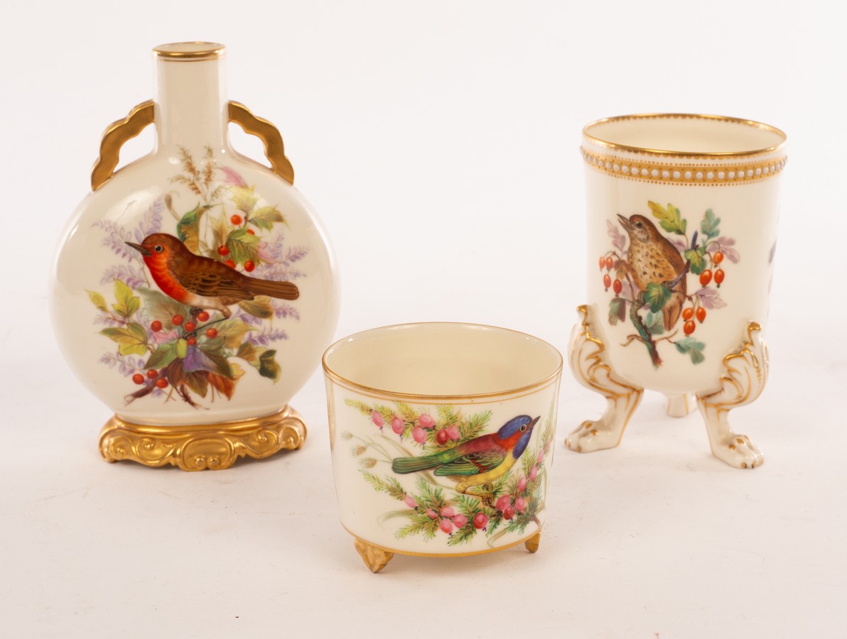 A Royal Worcester pilgrim flask painted birds, insects and flowing branches to each side,