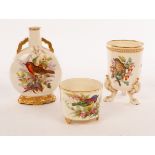 A Royal Worcester pilgrim flask painted birds, insects and flowing branches to each side,