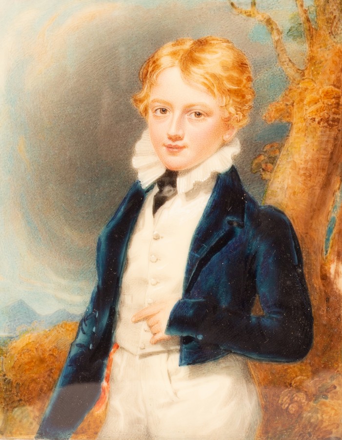 English School, 19th Century/Portrait Miniature of a Boy/half-length, wearing a blue jacket,