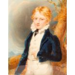 English School, 19th Century/Portrait Miniature of a Boy/half-length, wearing a blue jacket,