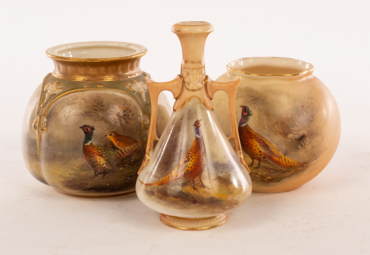 A Royal Worcester globular lobed vase painted pheasants by James Stinton, with gilded rim and neck, - Image 2 of 3