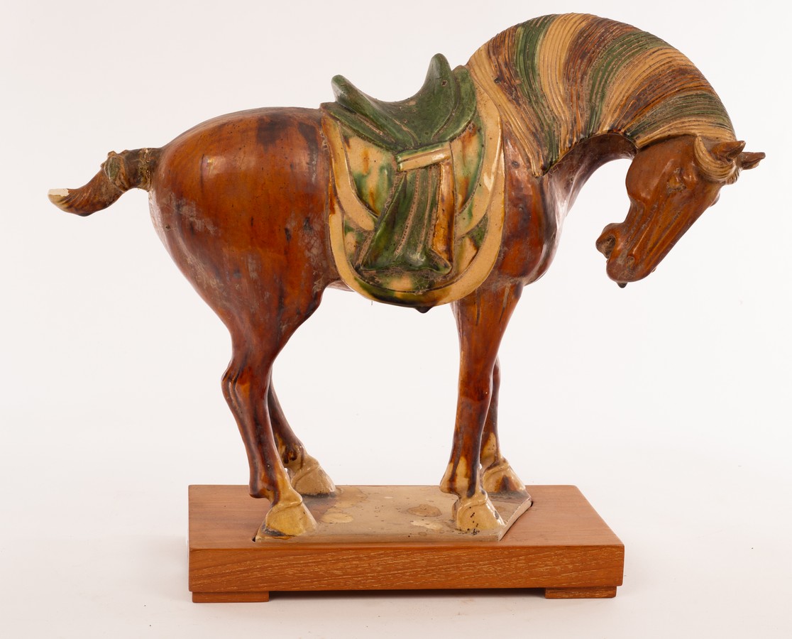 A Chinese sancai glazed horse on plinth, 20th Century,