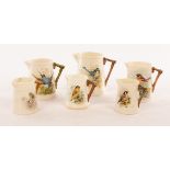 Six Royal Worcester ribbed jugs painted birds, four signed William Powell, 6.5cm and 9.