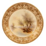 A Royal Worcester plate, painted cattle standing in a stream by James Stinton, signed,
