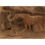 Lorenz Frolich (1820-1908)/Young Man Feeding a Horse/beside a thatched barn with hens and a boy