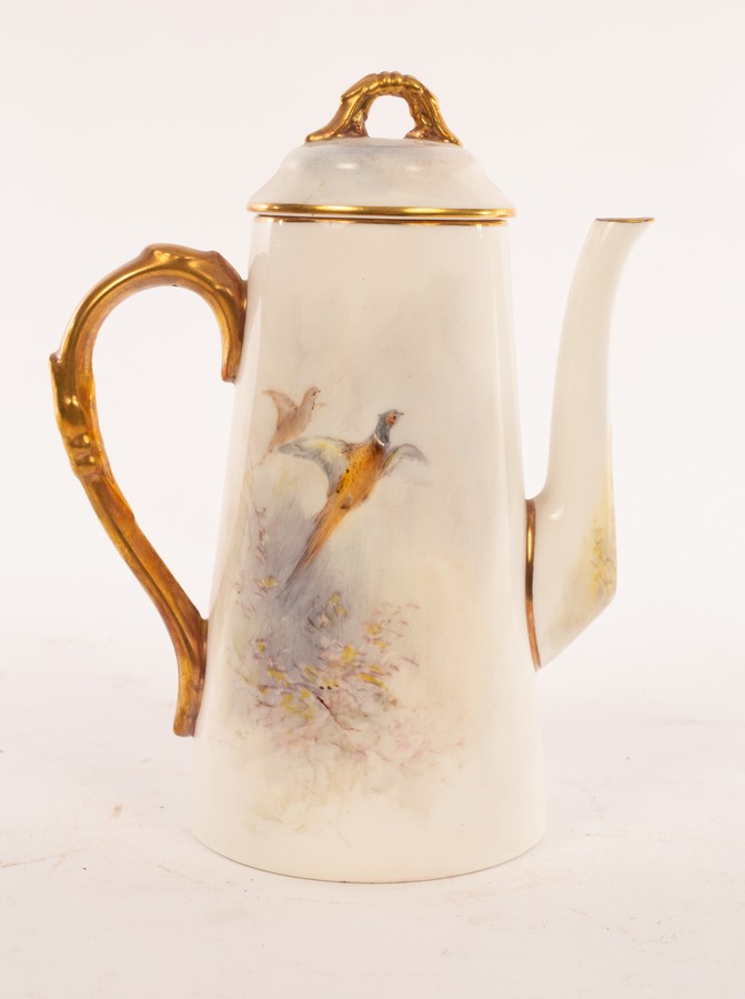 A Royal Worcester coffee pot and cover of tapering form, painted pheasants by James Stinton, signed, - Image 4 of 5