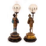 Two globe clocks, the opaque shades with horizontal band of Roman numerals,