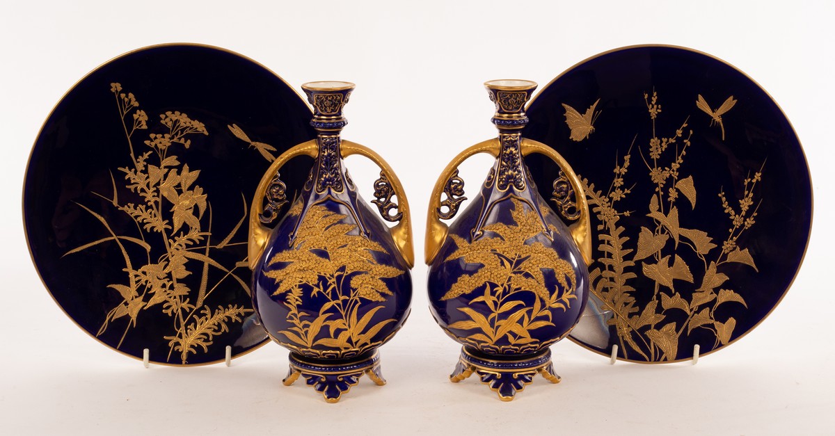 A pair of Royal Worcester pear-shaped vases of dark blue ground and gilded handles, - Image 2 of 8