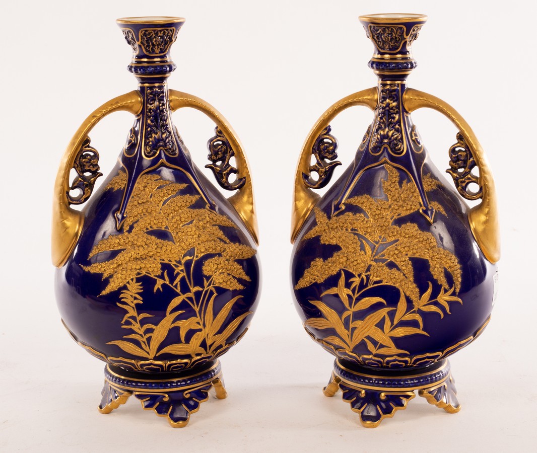 A pair of Royal Worcester pear-shaped vases of dark blue ground and gilded handles, - Image 6 of 8