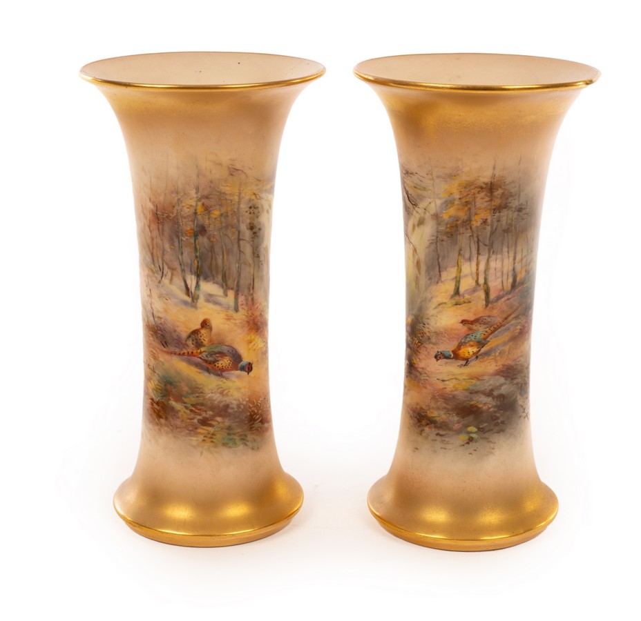 A pair of Royal Worcester waisted cylindrical vases,