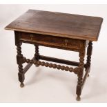 A William and Mary oak side table, the planked top above a single drawer,