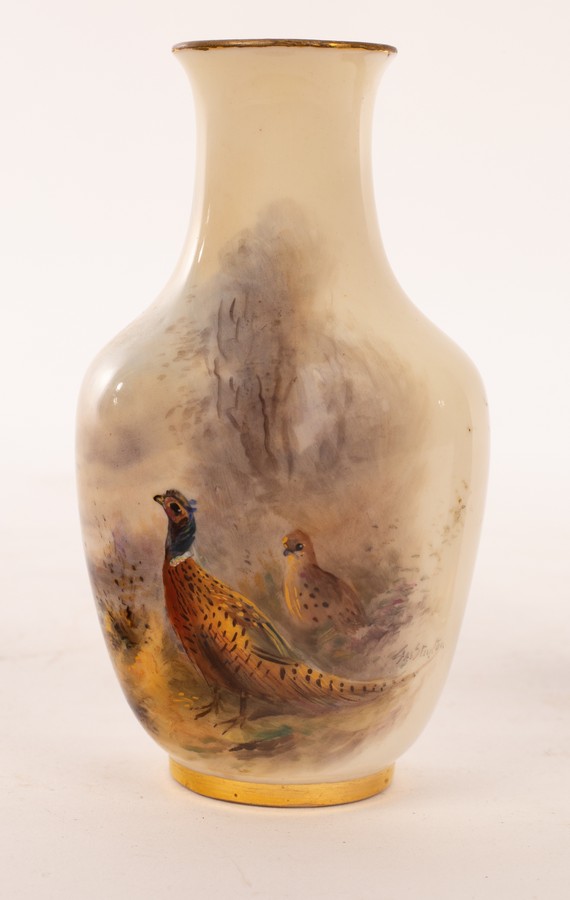 Two Royal Worcester vases painted pheasants by James Stinton, one cylindrical on a gilt ground, - Image 2 of 6