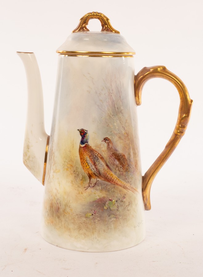 A Royal Worcester coffee pot and cover of tapering form, painted pheasants by James Stinton, signed, - Image 2 of 5