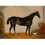 After the English 19th Century School/Horse and Terrier in a Stable/oil on panel, 35.