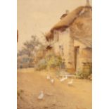 Harry E James (c 1870 - c 1920)/Geese by a Cottage/watercolour,