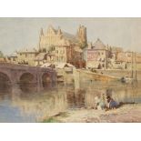 William Tatton Winter (1855-1928)/Old Bridge on the Seine/with washerwomen to the