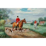 20th Century School/Huntsmen and Hounds/signed/oil on canvas, 60cm x 90.