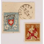 Stamps: Switzerland: 1850 issue of 5r red & pale blue, "Rayon I", no frame to cross, white paper,