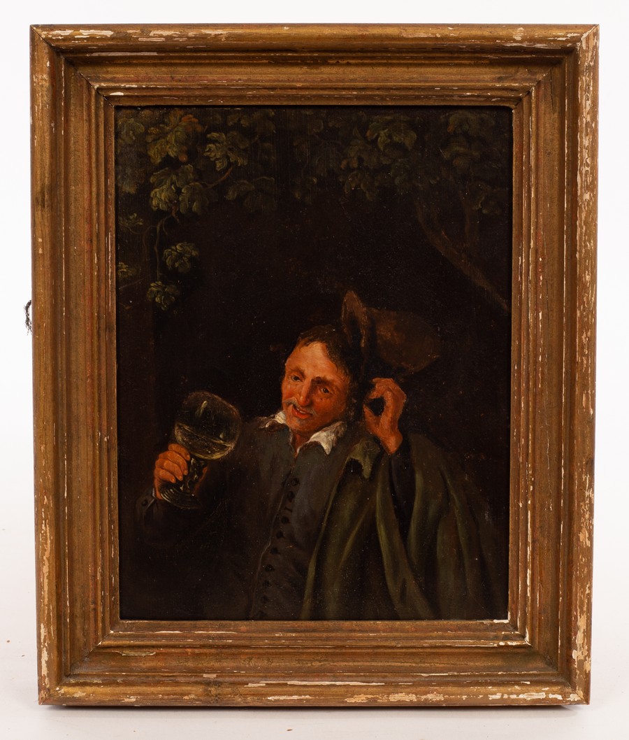 Continental School, 19th Century/Man in a Green Coat/drinking from a Roemer/oil on oak panel, - Image 2 of 3