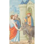 A Medieval style illumination/The Purchase of the Donkey for the Procession into