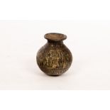 A 19th Century small bronze Indian vase, etched a continuous band of gods within temple arches,