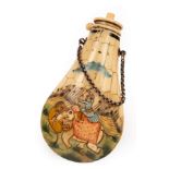A 19th Century ivory powder flask of hexagonal segments, painted a hunting scene, 16.