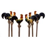 Six sterling silver cocktail sticks with enamel cockerel finials,