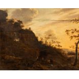 Follower of Nicholas Berchem/Italianate Landscape with figures and livestock crossing a bridge/oil