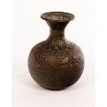 A 19th Century Indian bronze vase, etched continuous bands of foliate scrolls and geometric designs,