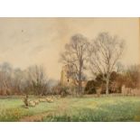 William Tatton Winter (1855-1928)/Shepherd Tending His Flock near a Church/signed/pencil and