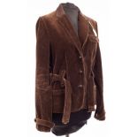 A Ralph Lauren brown cord short fitted jacket with leather half collar, patch pockets and belt,