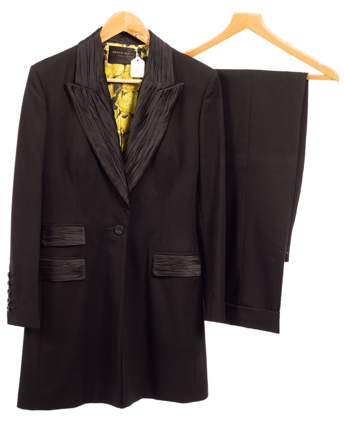 A Bruce Oldfield Couture black wool crepe trouser suit with pleated taffeta collar and cuffs and