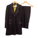 A Bruce Oldfield Couture black wool crepe trouser suit with pleated taffeta collar and cuffs and