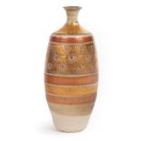 Mary Rich (born 1940), a small baluster vase with narrow neck banded in orange and gilt, seal mark,