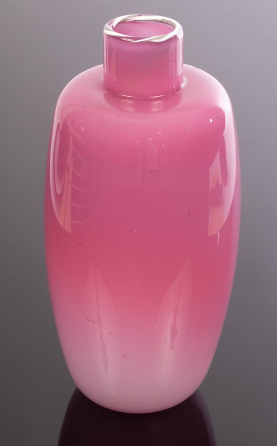A pink cased glass vase, 20th Century, with ribbon border to neck, 19.