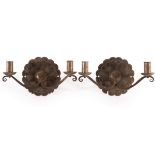A pair of Cotswold School steel two-branch wall lights,