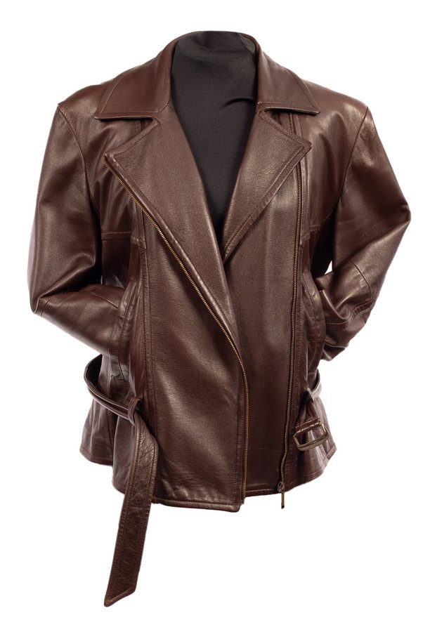 A Max Mara Weekend brown leather biker style jacket with zip front and pockets and tie belt,