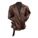 A Max Mara Weekend brown leather biker style jacket with zip front and pockets and tie belt,