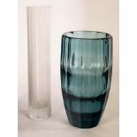 A Kosta blue glass optic vase, design by Elis Bergh, incised marks,