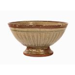 Richard Batterham (1936-2021), a stoneware pedestal bowl with fluted sides, ash glaze, 22.