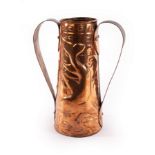 Newlyn, a two-handled copper vase of tapering form embossed fish, stamped,