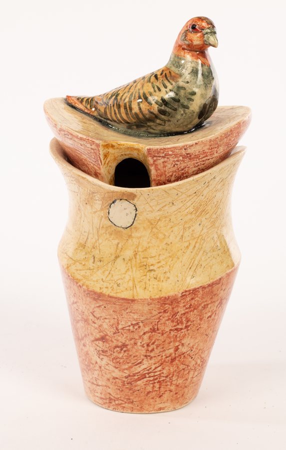 Anna Lambert, a studio pottery jam jar and cover, decorated with game bird, 15.