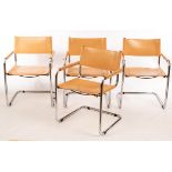 Style of Mart Stam, a set of four chrome cantilever chairs, with tan leather seats,