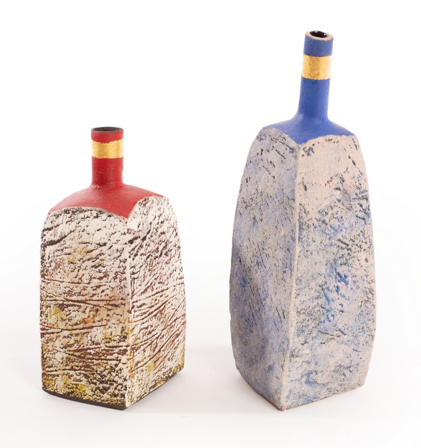 Philip Evans (born 1959), two square form vases with textured surface and narrow necks, one blue,