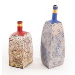 Philip Evans (born 1959), two square form vases with textured surface and narrow necks, one blue,