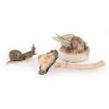 Margaret Shotton (born 1937), three naturalistic pottery models, shaggy inkcap mushroom, 12cm long,