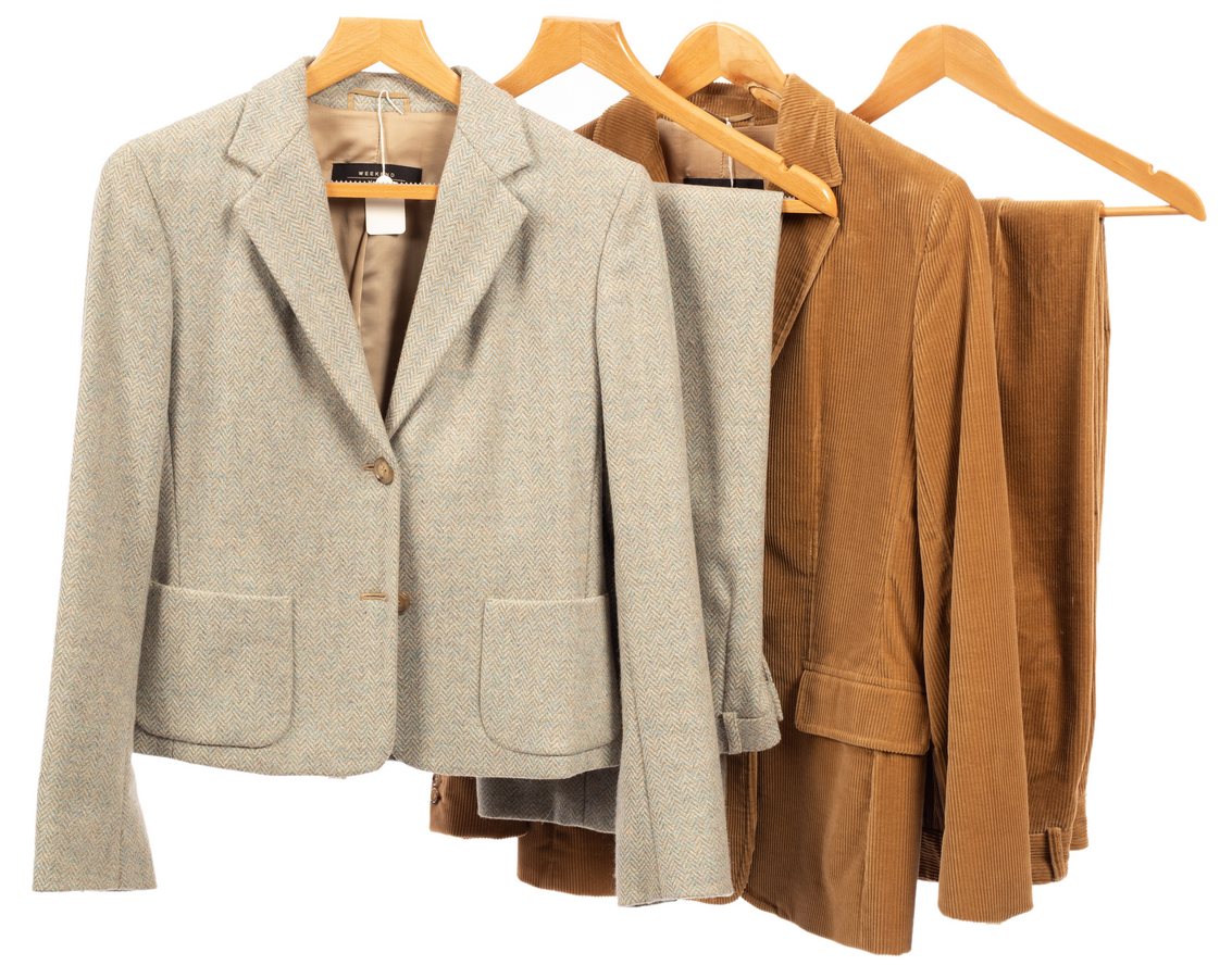 Two Max Mara trouser suits one in corduroy the other in tweed,