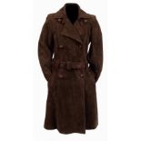 A Bally brown suede trench coat, double breasted, with a belt and woven leather knot buttons,