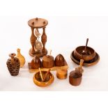Dennis French (Contemporary); a group of turned wood items including an hourglass,